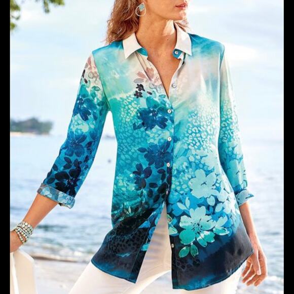 Soft Surroundings blue floral silk button top coastal preppy tropical large - Picture 9 of 9